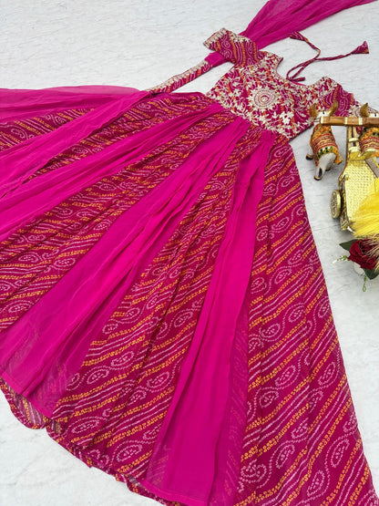 Women Pink Georgette Bandhej Print With Embroidery Work Gown With Dupatta