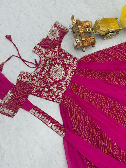 Women Pink Georgette Bandhej Print With Embroidery Work Gown With Dupatta
