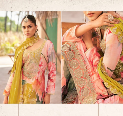 Fantastic Peach Multi Chinon With Embroidery Work Pant-Bottom Suit Set