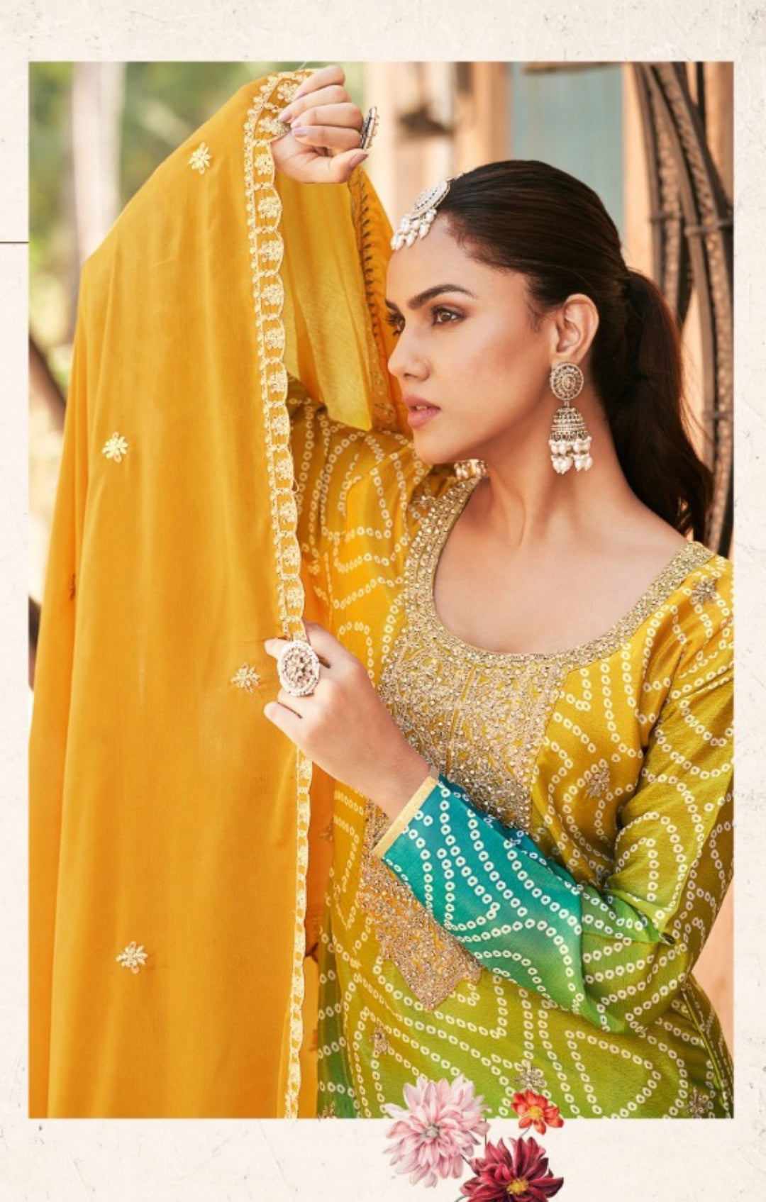 Lovely Mustard And Blue Chinon With Embroidery Work Pant-Bottom Suit Set