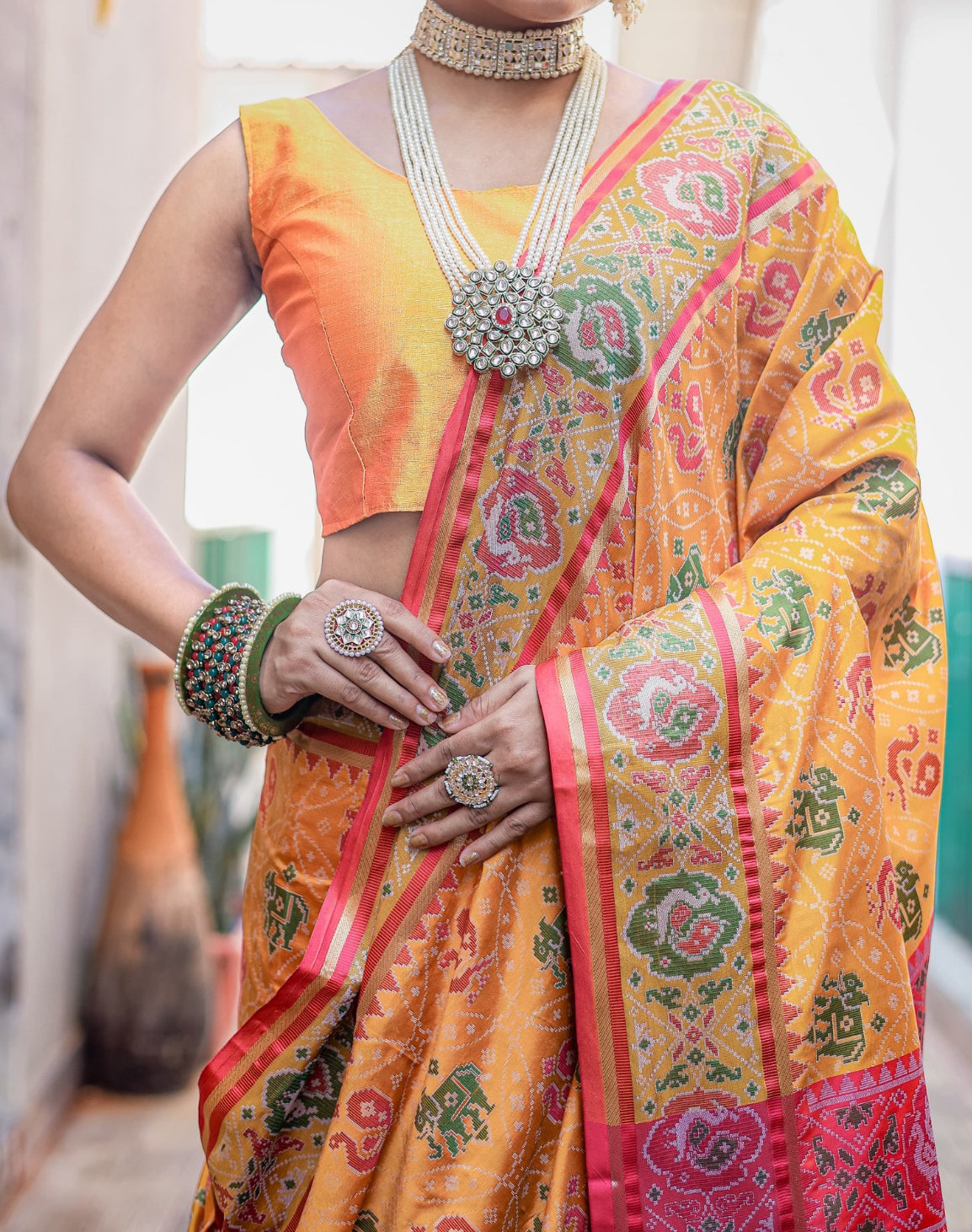 Women Mustard Patola Silk Saree