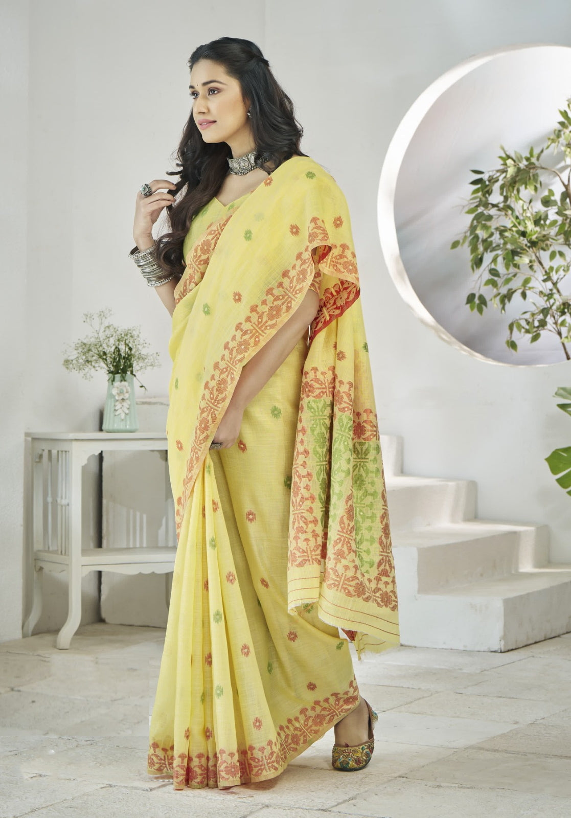 Women Yellow Linen Cotton Saree