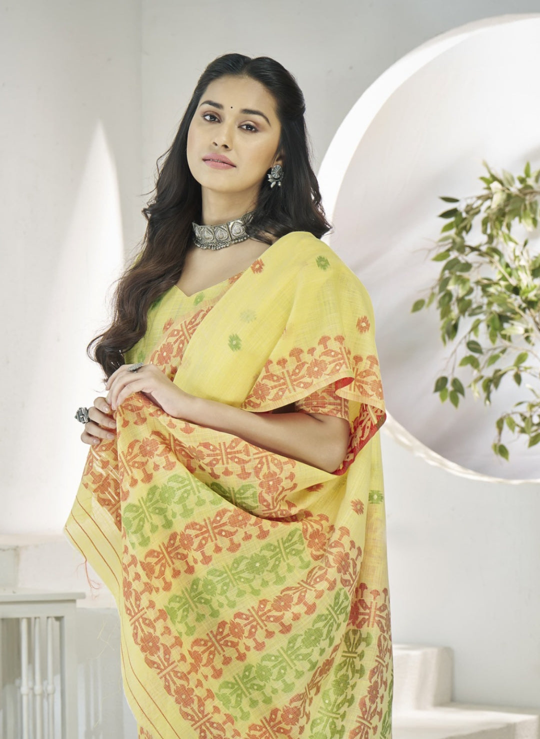 Women Yellow Linen Cotton Saree