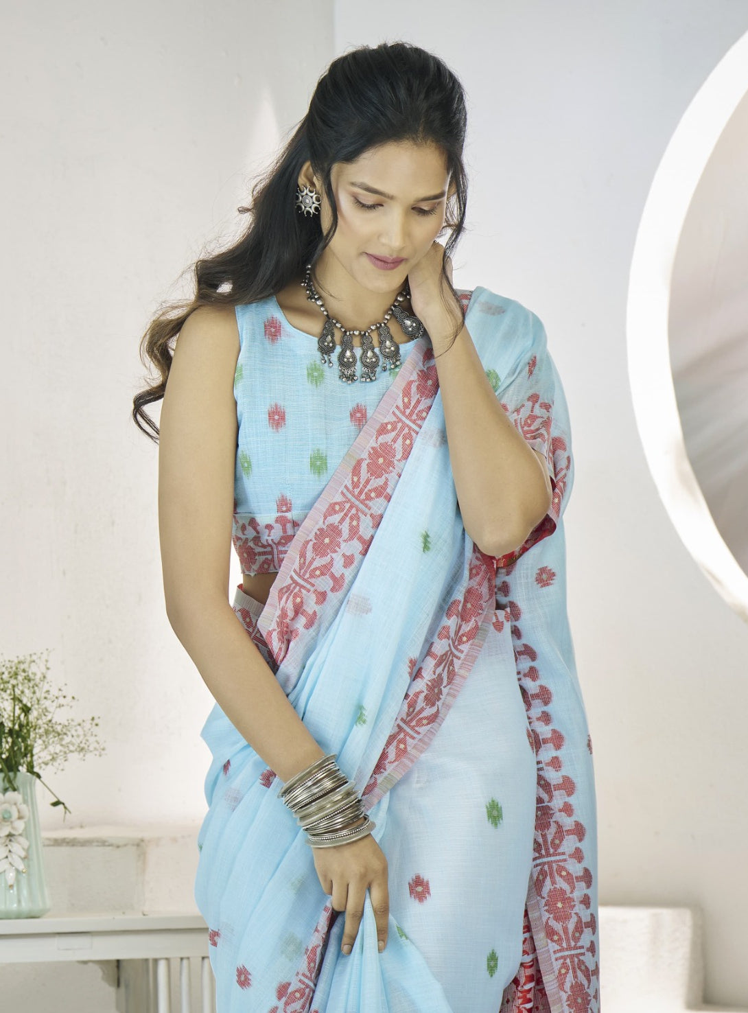 Women Sky Blue Linen Cotton Saree