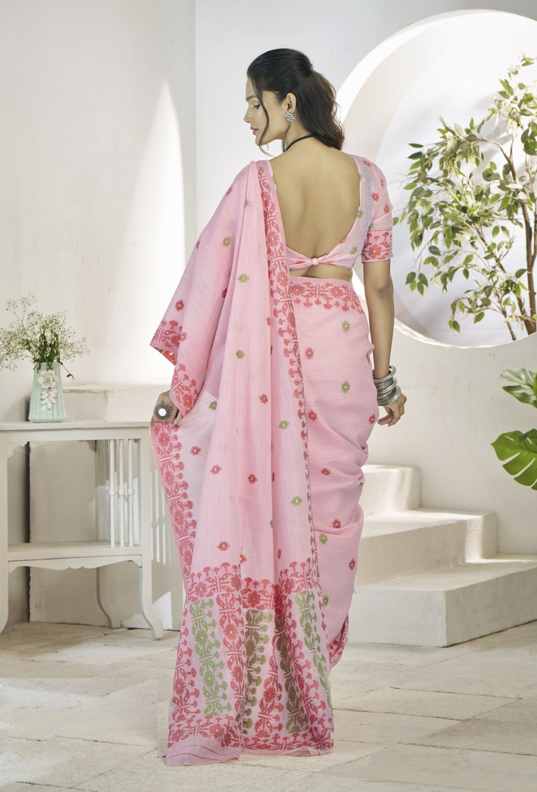 Women Light Pink Linen Cotton Saree