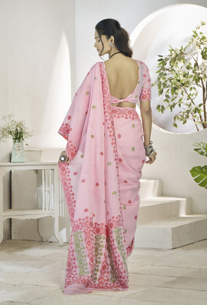 Women Light Pink Linen Cotton Saree