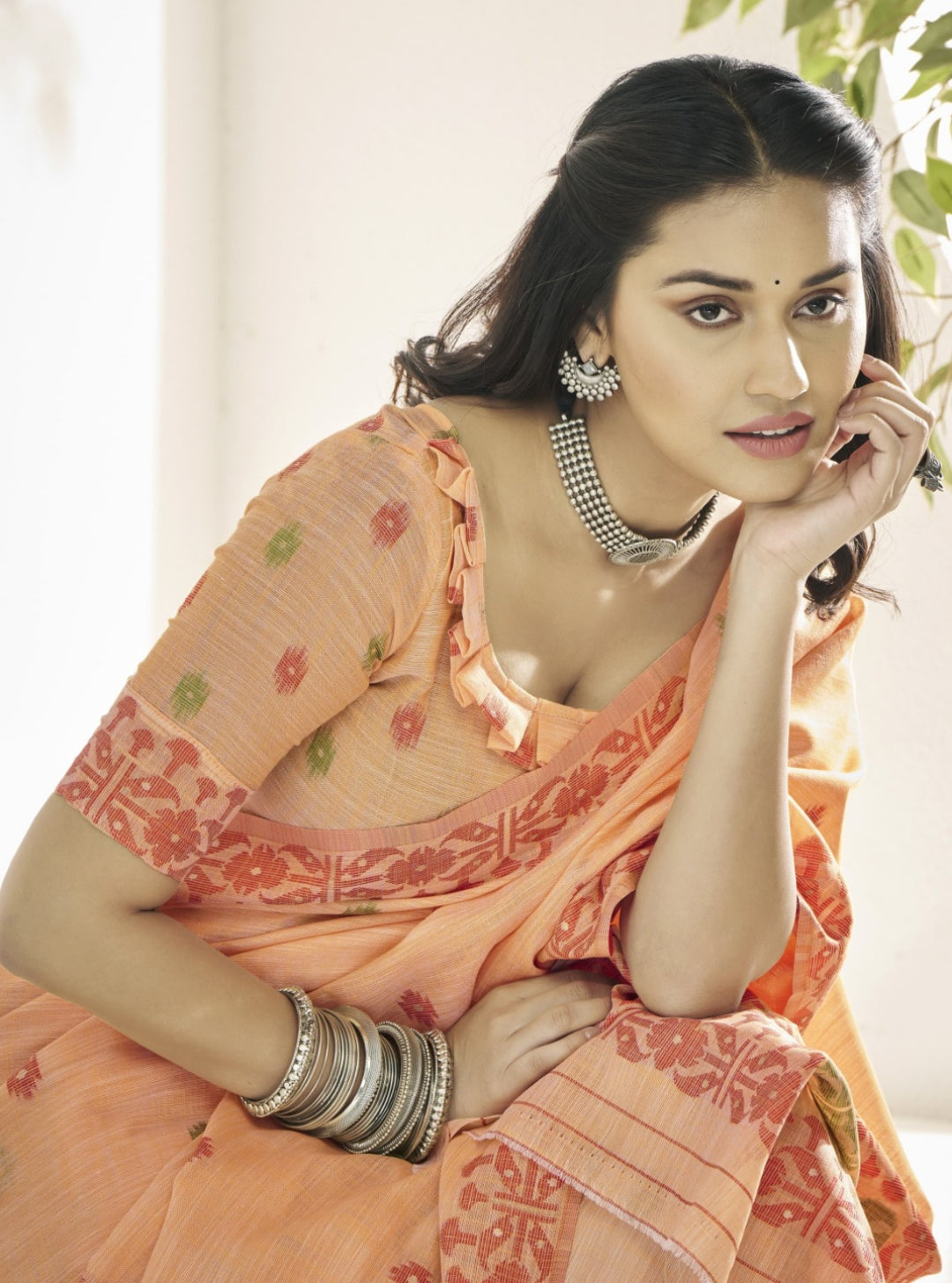 Women Peach Linen Cotton Saree