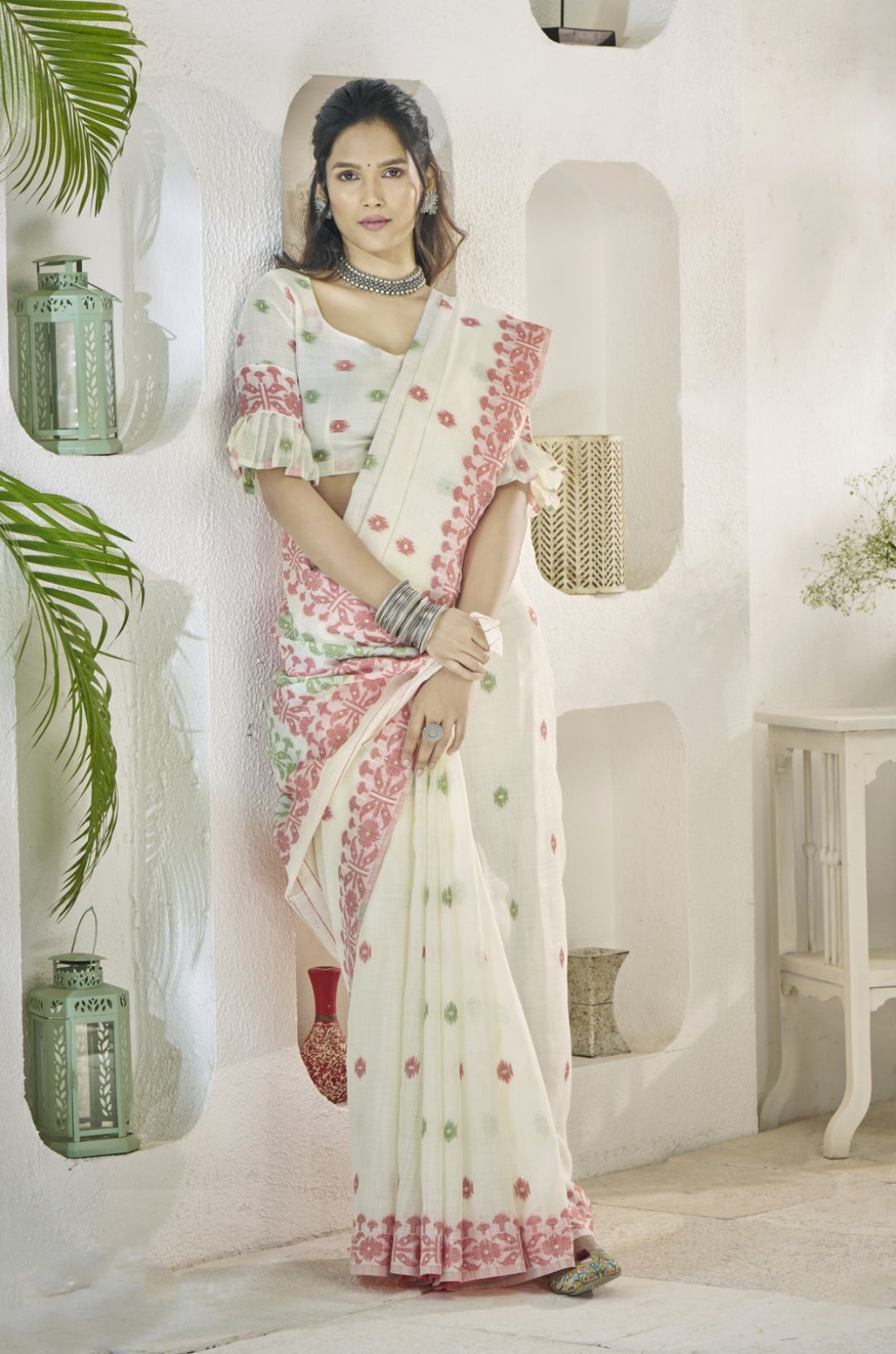 Women White Linen Cotton Saree