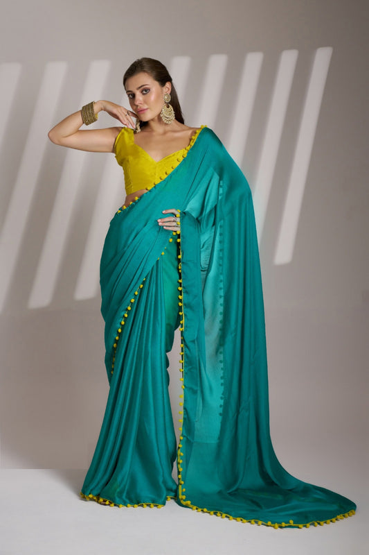 Women Teal And Mustard Chiffon Bollywood Saree