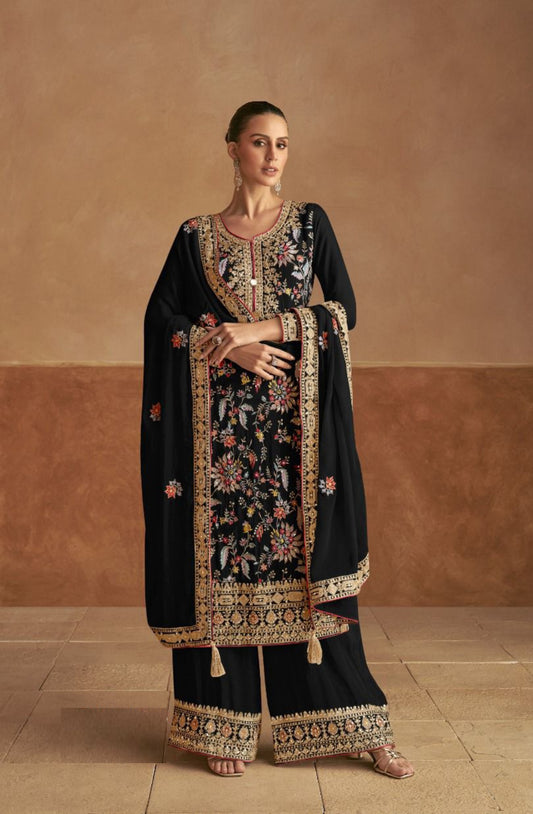 Captivating Black Chinon Palazzo Bottom Suit Set