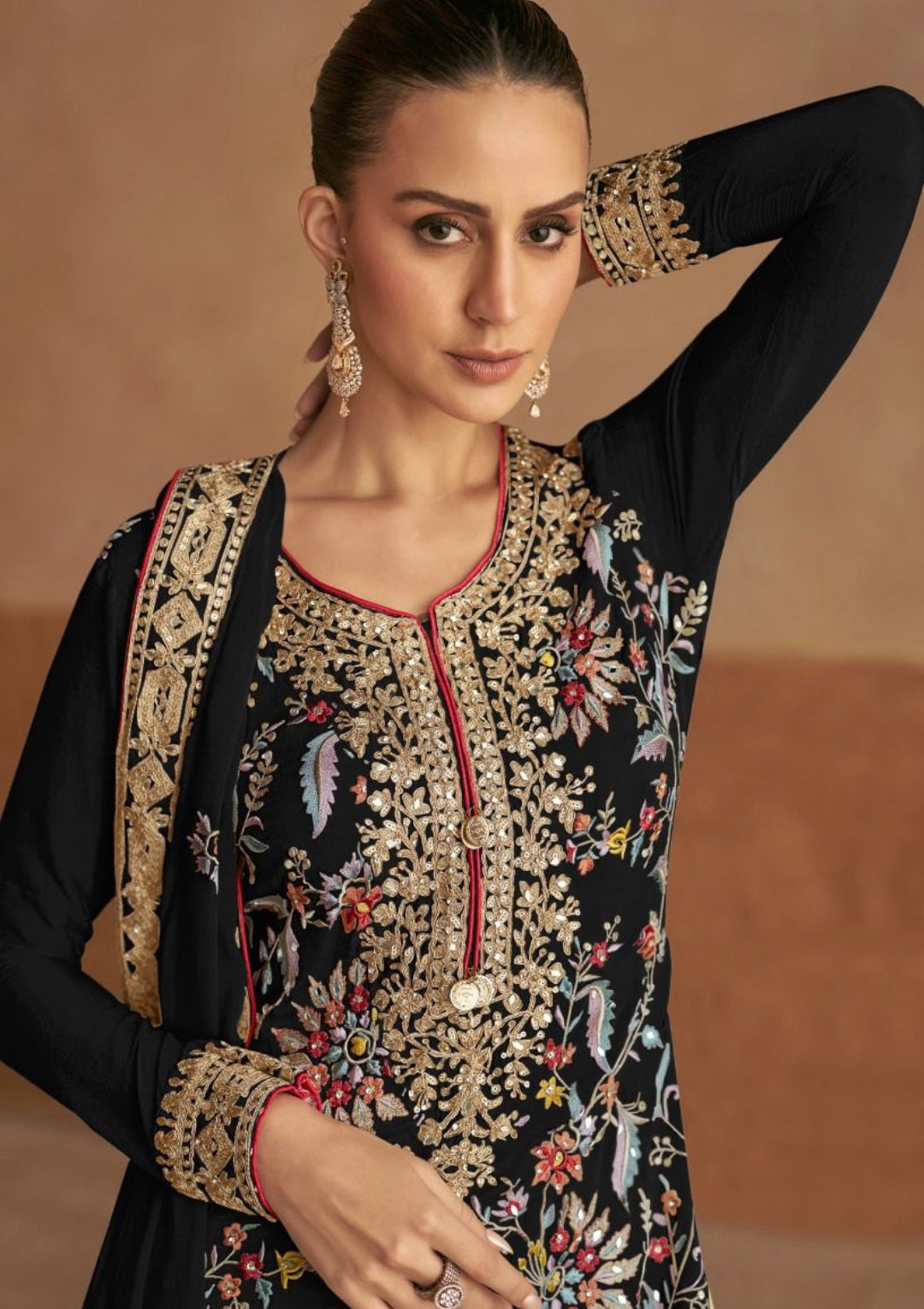 Captivating Black Chinon Palazzo Bottom Suit Set