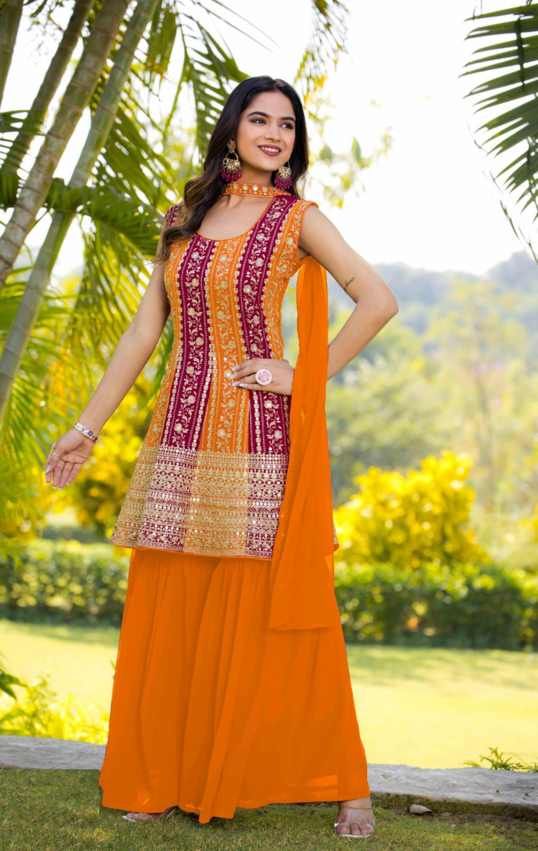 Women Orange Georgette With Sequins Embroidery Work Gharara Bottom Suit Set