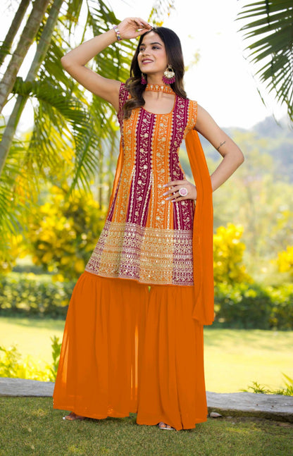 Women Orange Georgette With Sequins Embroidery Work Gharara Bottom Suit Set