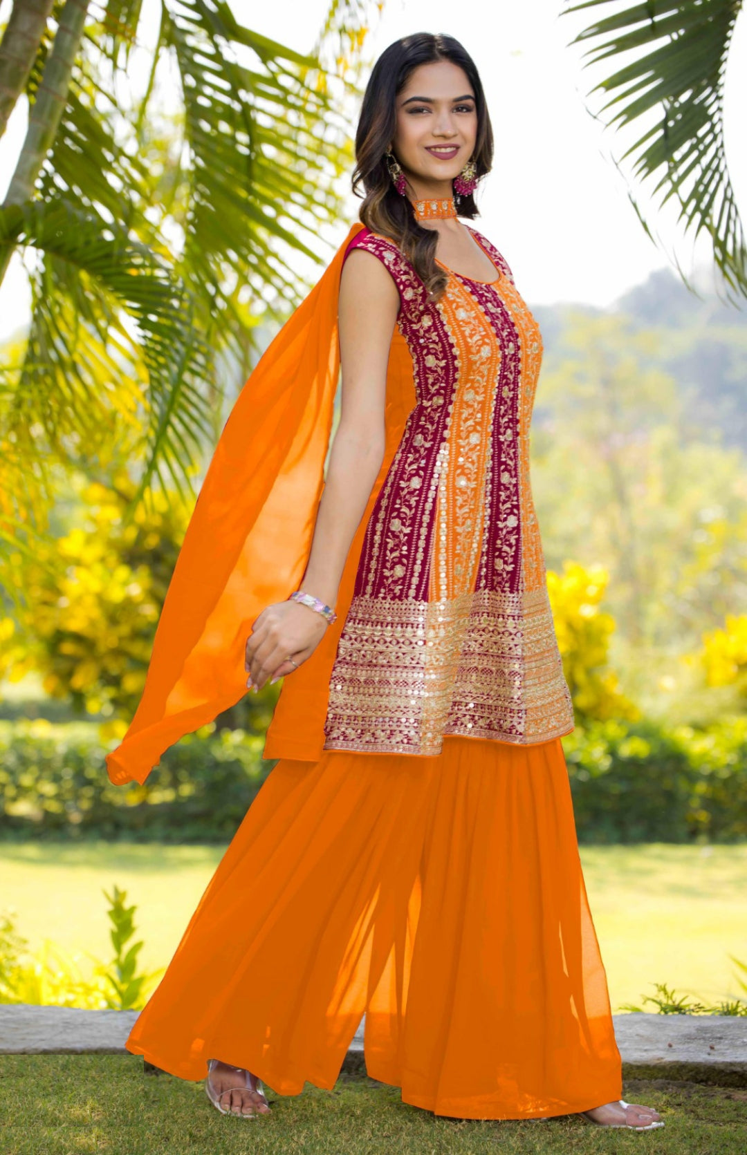 Women Orange Georgette With Sequins Embroidery Work Gharara Bottom Suit Set