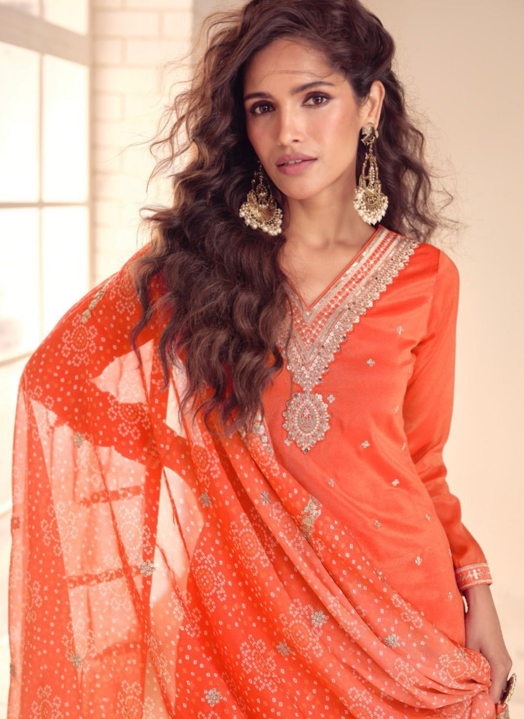 Vivid Orange Shimmer Silk Sharara Bottom Suit Set