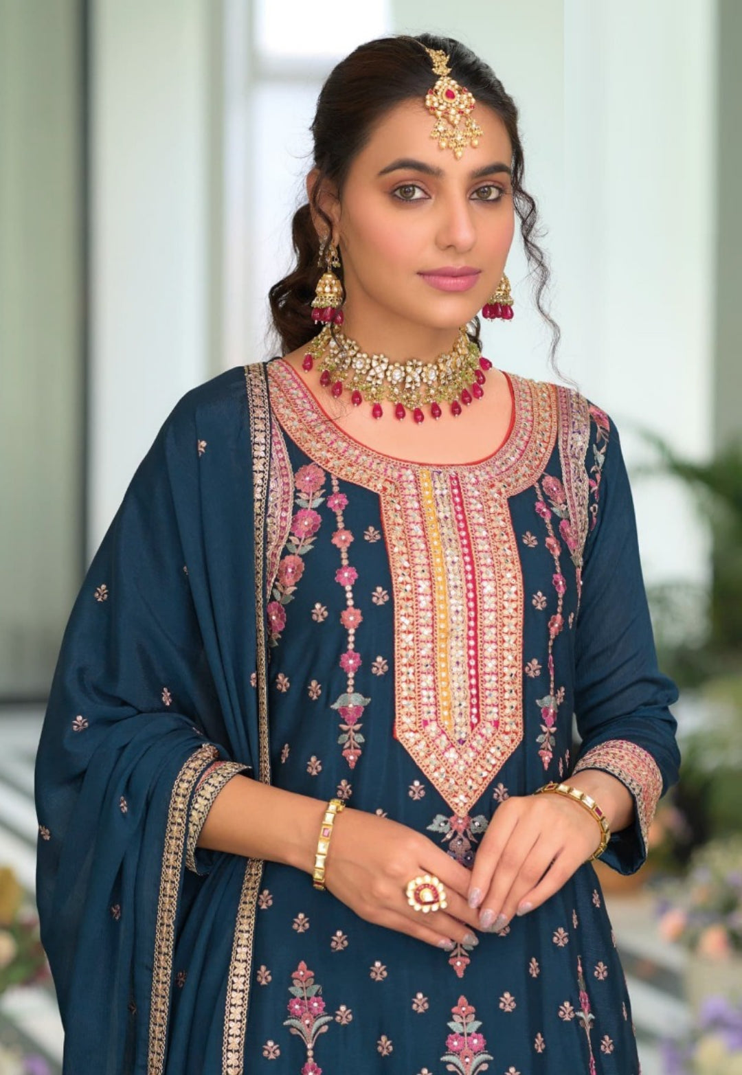 Women Dark Teal Chinon With Embroidery Work Pant Bottom Suit Set