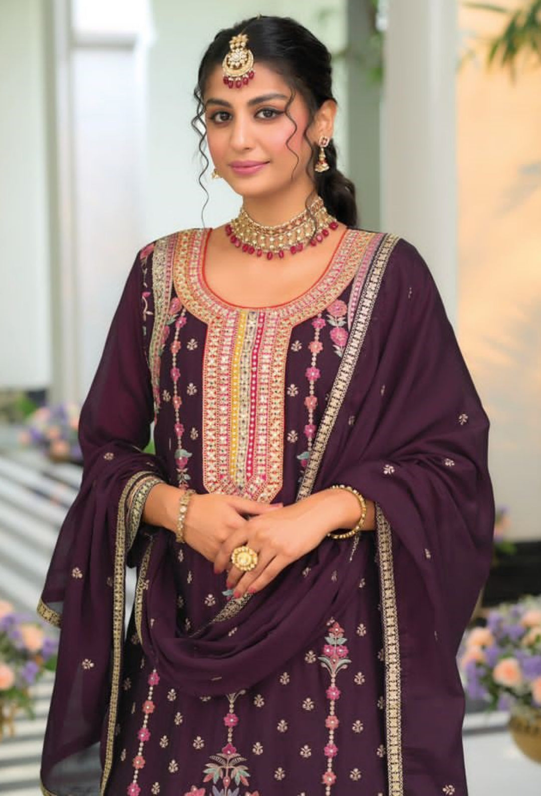 Women Burgundy Chinon With Embroidery Work Pant Bottom Suit Set