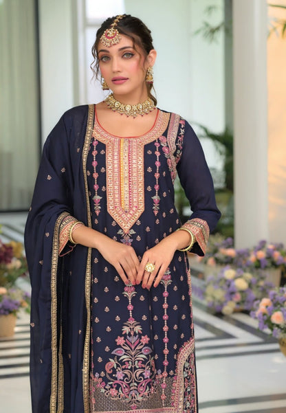 Women Dark Blue Chinon With Embroidery Work Pant Bottom Suit Set
