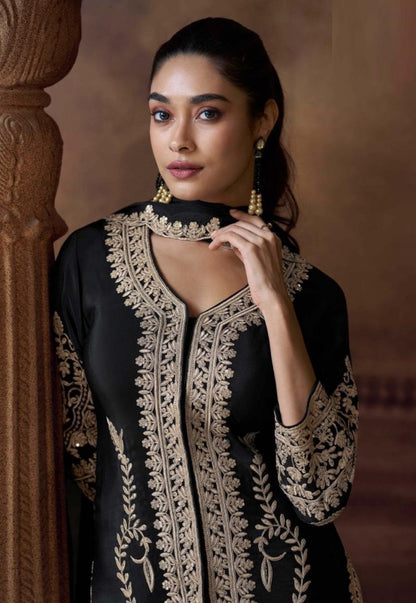 Understated Black Chinon Silk With Embroidery Work Pant Bottom Suit Set