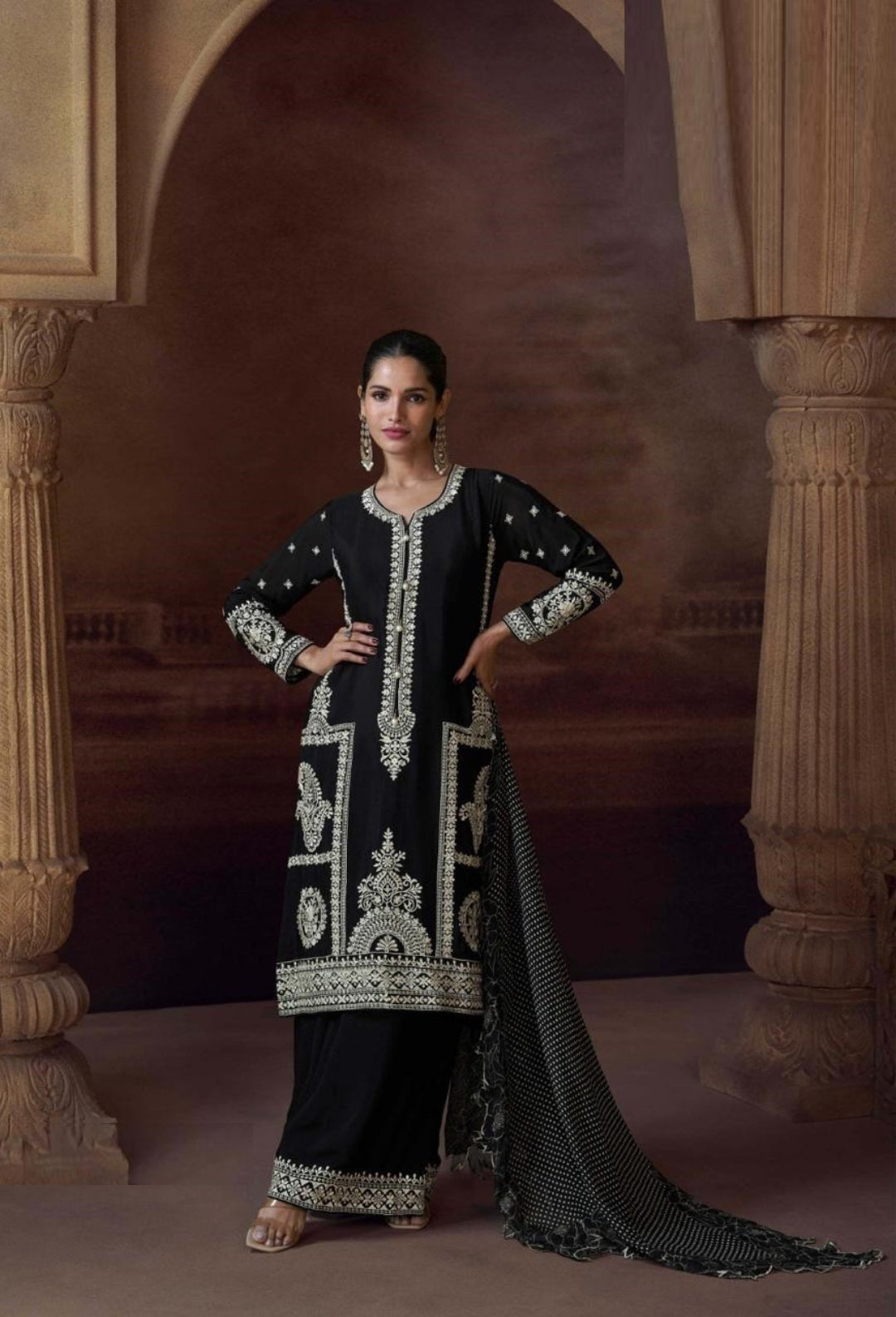 Radiant Black Chinon Silk With Embroidery Work Pant Bottom Suit Set