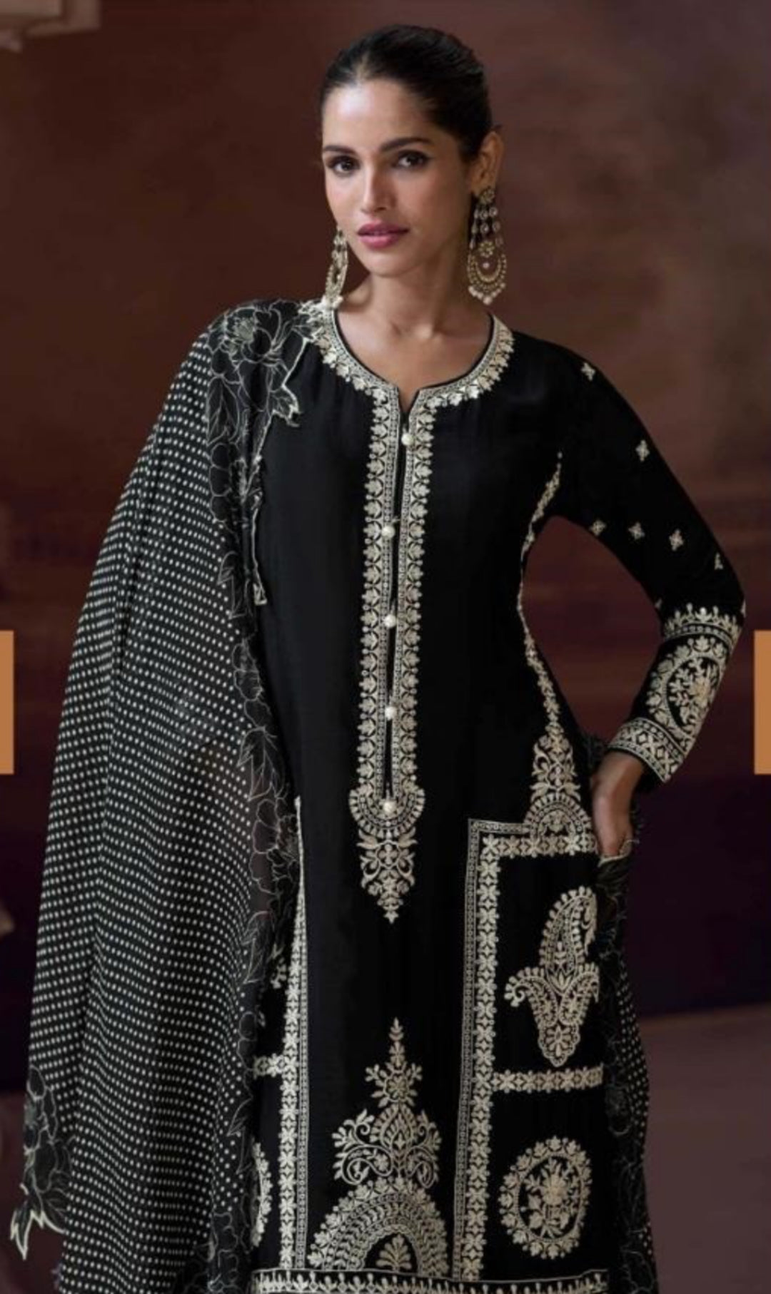 Radiant Black Chinon Silk With Embroidery Work Pant Bottom Suit Set