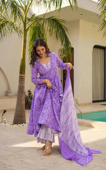 Women Purple Muslin Anarkali Suit Set
