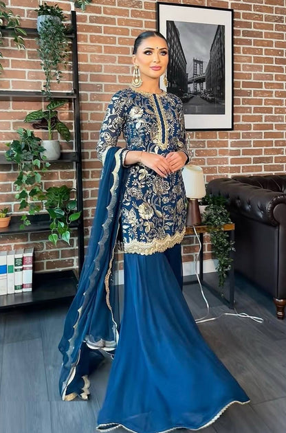 Women Royal Blue Georgette Thread Sequins Embroidery Work Sharara Bottom Suit Set