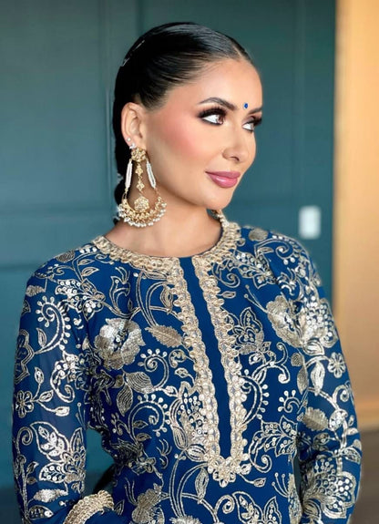 Women Royal Blue Georgette Thread Sequins Embroidery Work Sharara Bottom Suit Set