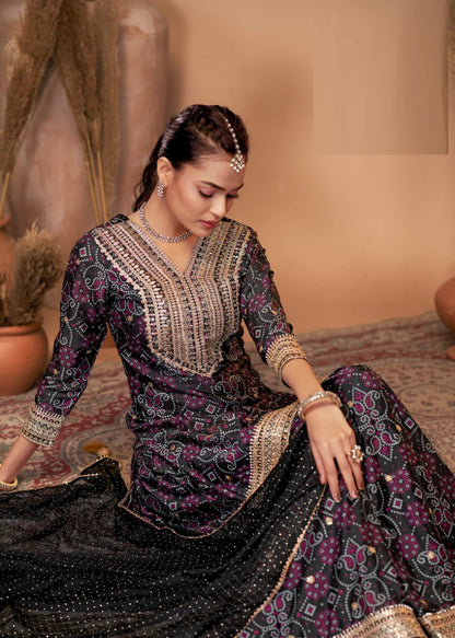 Tailored Black Chinon With Embroidery Work Palazzo Bottom Suit Set