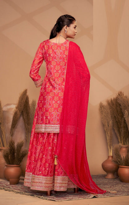 Polished Red Chinon With Embroidery Work Palazzo Bottom Suit Set