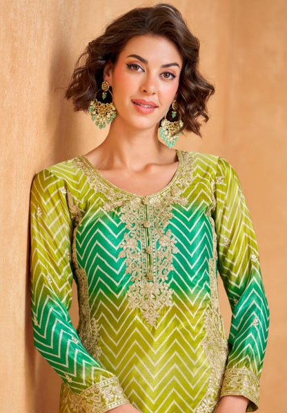 Timeless Multi Green Premium Chinon Silk Palazzo Bottom Suit Set