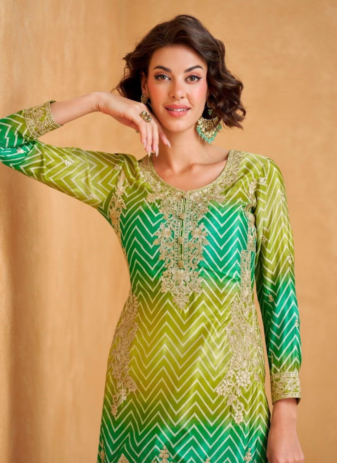 Timeless Multi Green Premium Chinon Silk Palazzo Bottom Suit Set