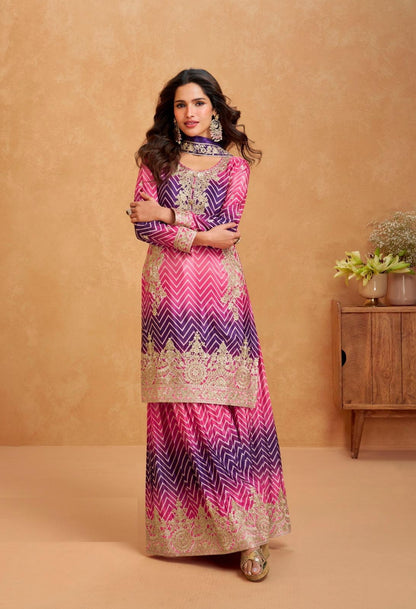 Sophisticated Purple And Pink Premium Chinon Silk Palazzo Bottom Suit Set