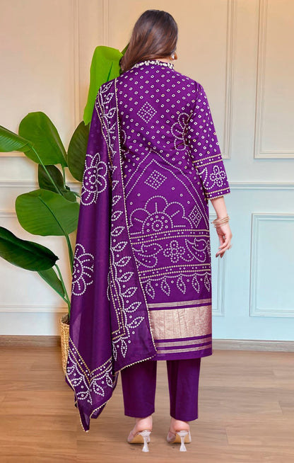 Women Purple Viscose Gajji Silk Bandhani Print Suit Set