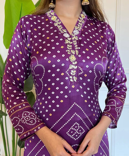 Women Purple Viscose Gajji Silk Bandhani Print Suit Set