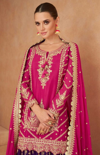 Pretty Pink And Purple Chinon With Embroidery Mirror Work Lehenga Bottom Suit Set
