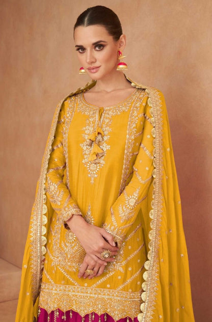 Charming Mustard And Pink Chinon With Embroidery Mirror Work Lehenga Bottom Suit Set