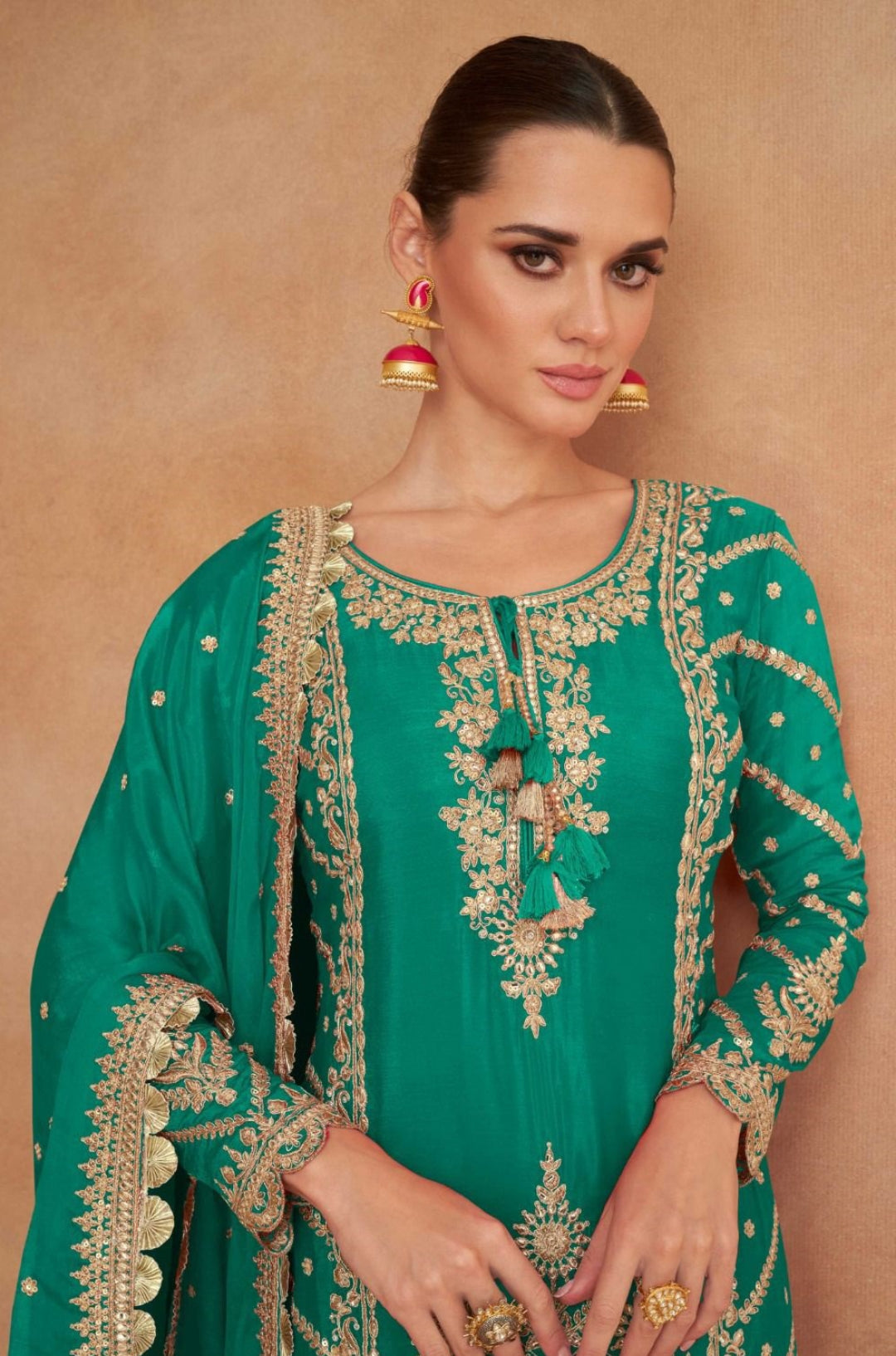Comfy Rama Green And Black Chinon With Embroidery Mirror Work Lehenga Bottom Suit Set