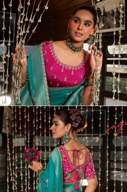 Women Teal And Pink Viscose Silk Embroidery Saree