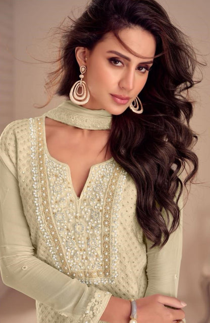 Sumptuous Off White Georgette Pant Bottom Suit Set