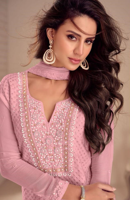 Statement-Making Light Pink Georgette Pant Bottom Suit Set