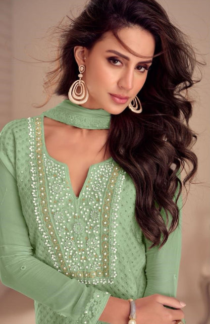 Couture Sea Green Georgette Pant Bottom Suit Set