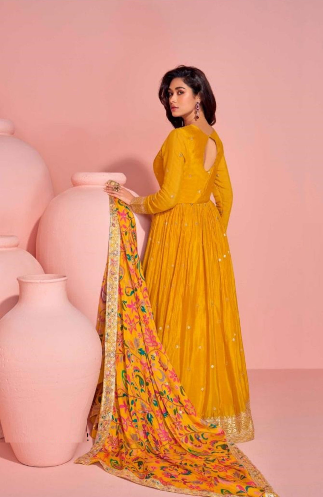 Flattering Mustard Chinon Silk Gown With Dupatta
