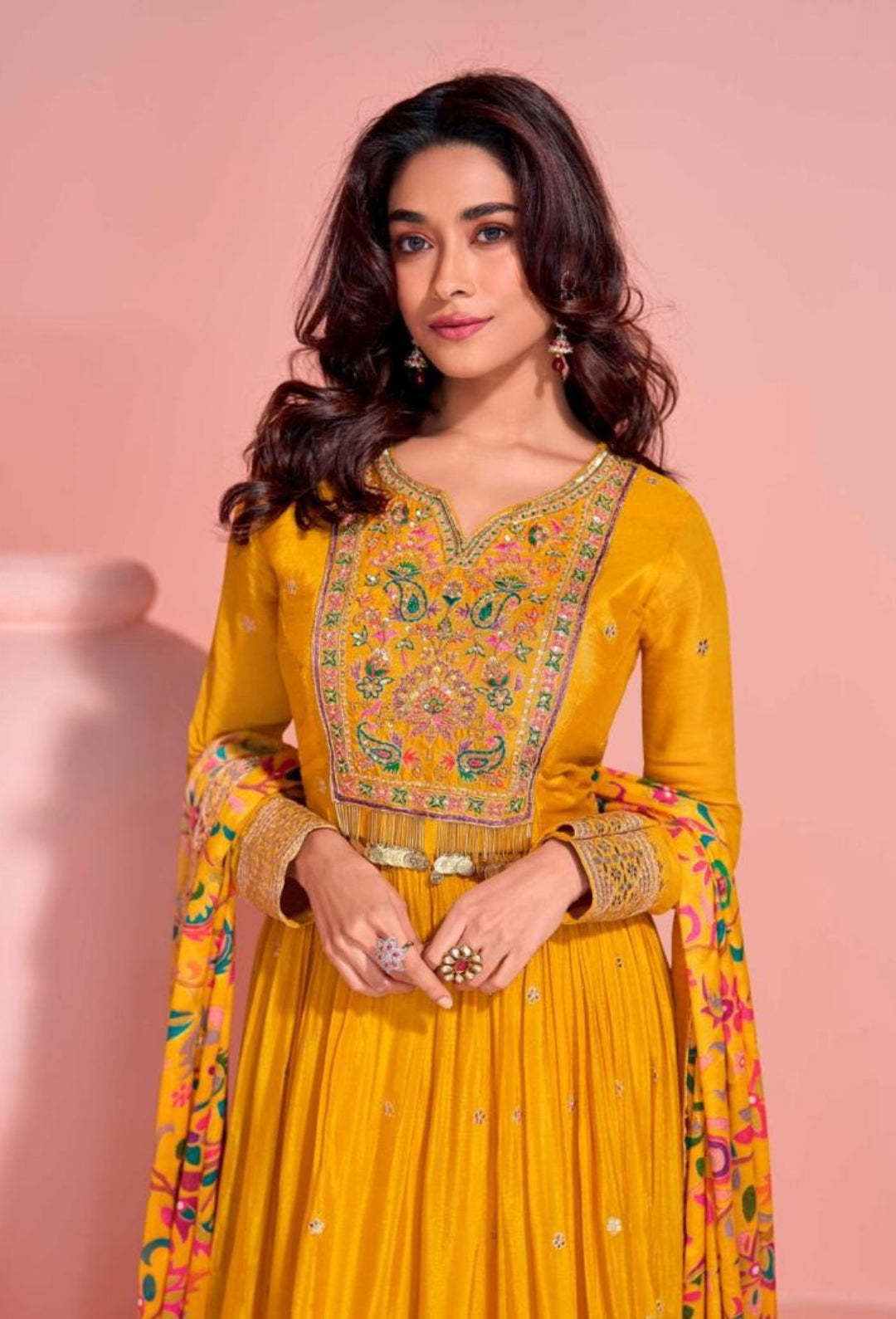 Flattering Mustard Chinon Silk Gown With Dupatta