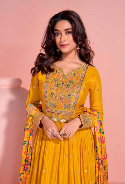 Flattering Mustard Chinon Silk Gown With Dupatta