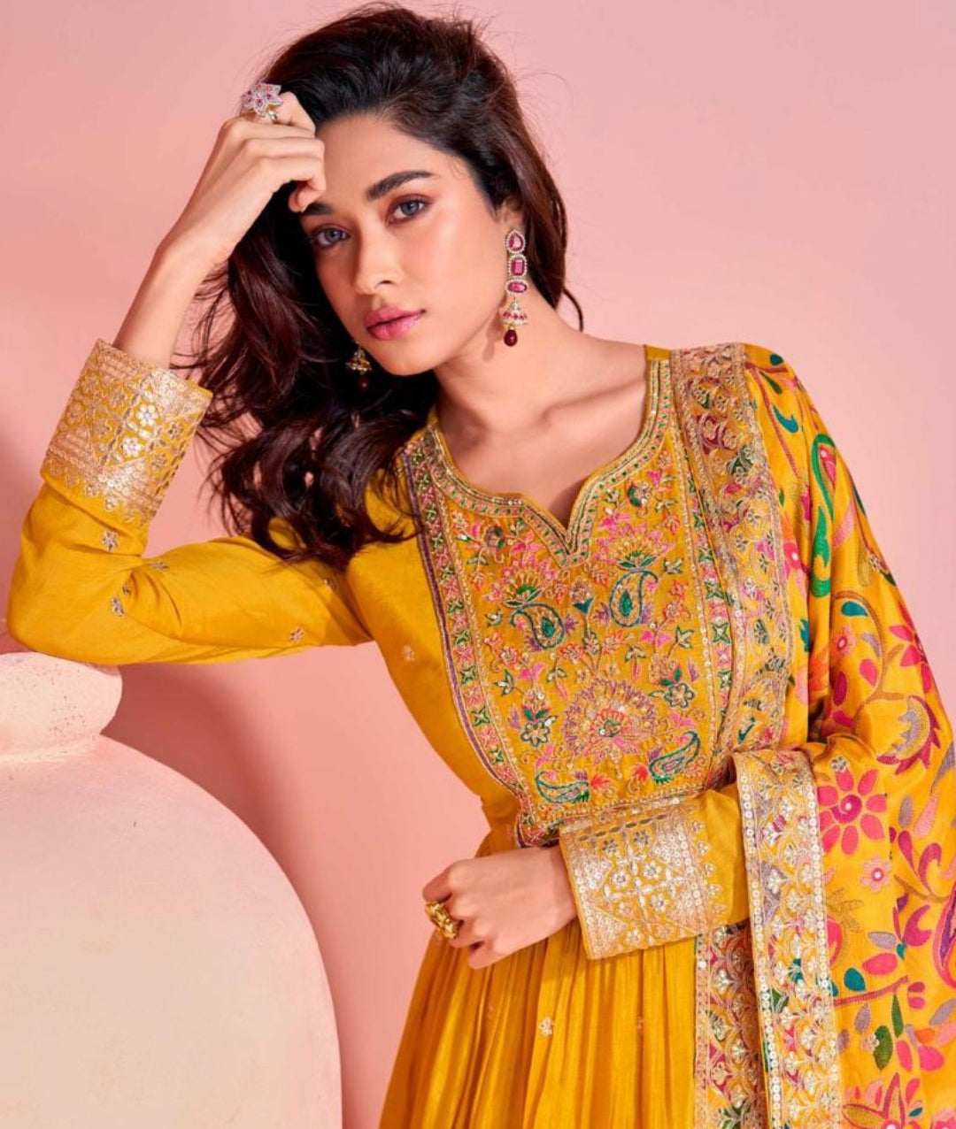 Flattering Mustard Chinon Silk Gown With Dupatta