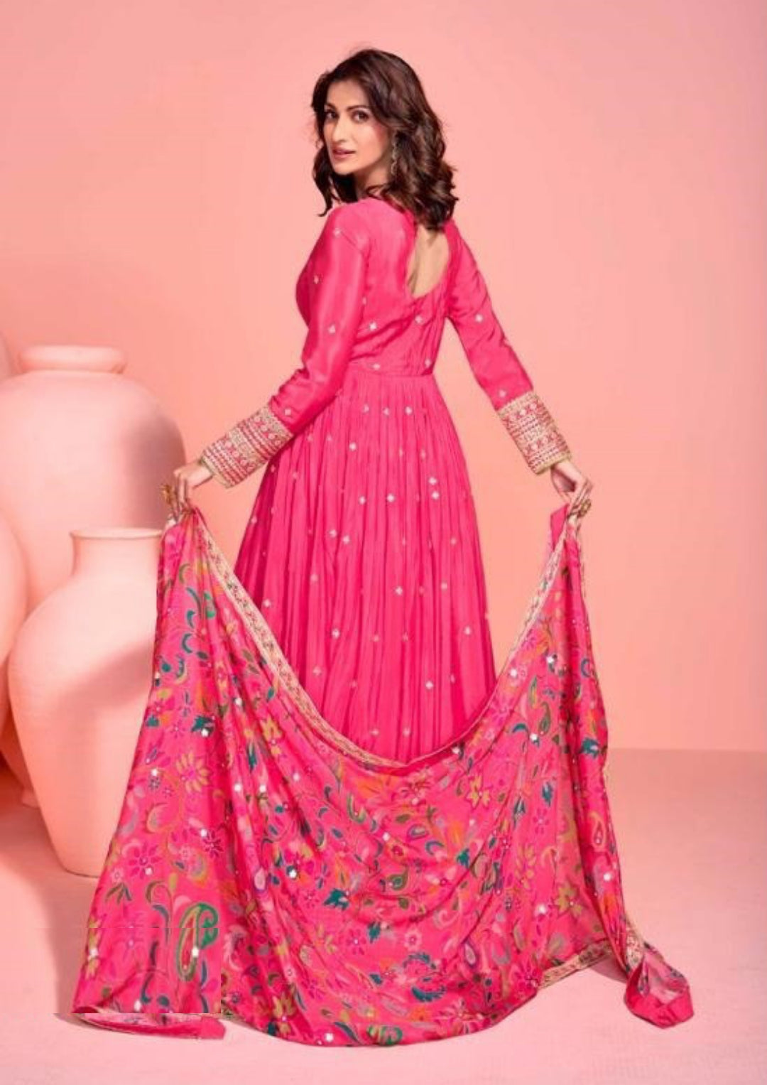 Iconic Pink Chinon Silk Gown With Dupatta
