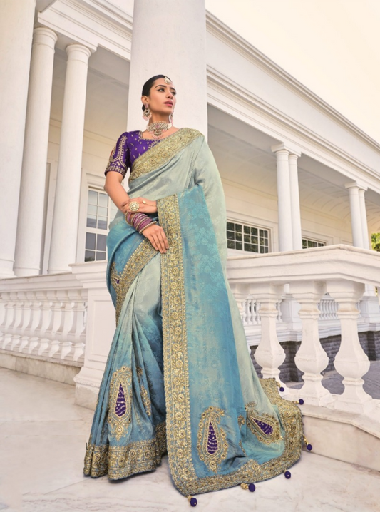 Effortless Blue Crepe Jacquard Jari Cut-Dana Mirror & Jarkan Bridal Saree