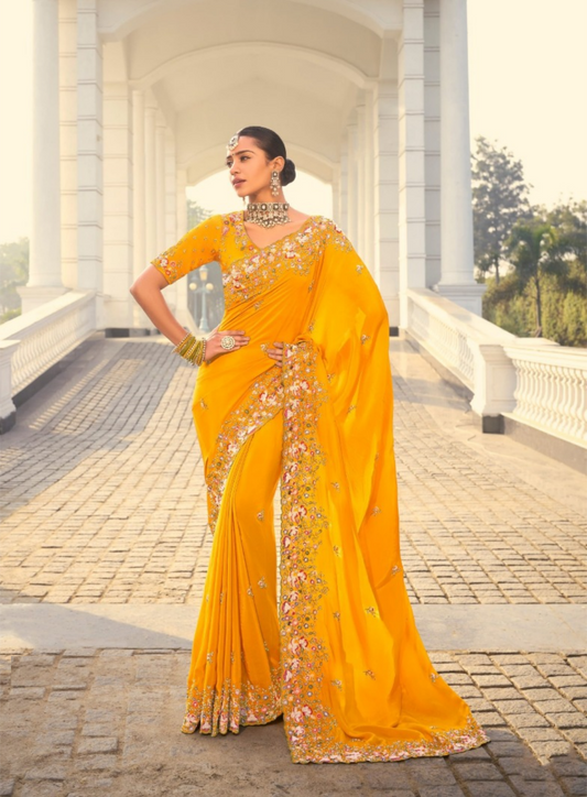 Flattering Yellow Crepe With Moti Jarkan & Thread Embroidery Work Bridal Saree