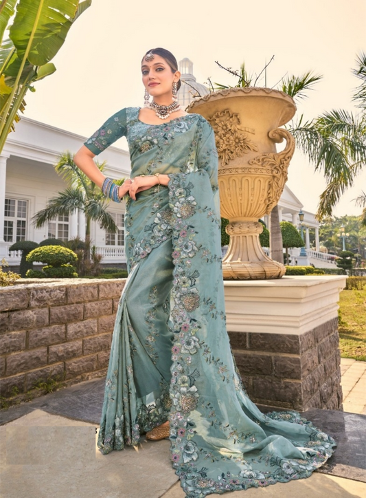 Sublime Sky Blue Organza With Thread Sequence Moti Cut-Dana & Jarkan Work Bridal Saree